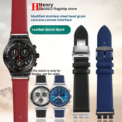Imagen 2 del producto Correa de reloj de piel de vaca de 17mm, 19mm y 21mm para hombre y mujer, para SWATCH YCS YAS YGS IRONY, correa de reloj fina de cuero genuino, adaptador de acero inoxidable