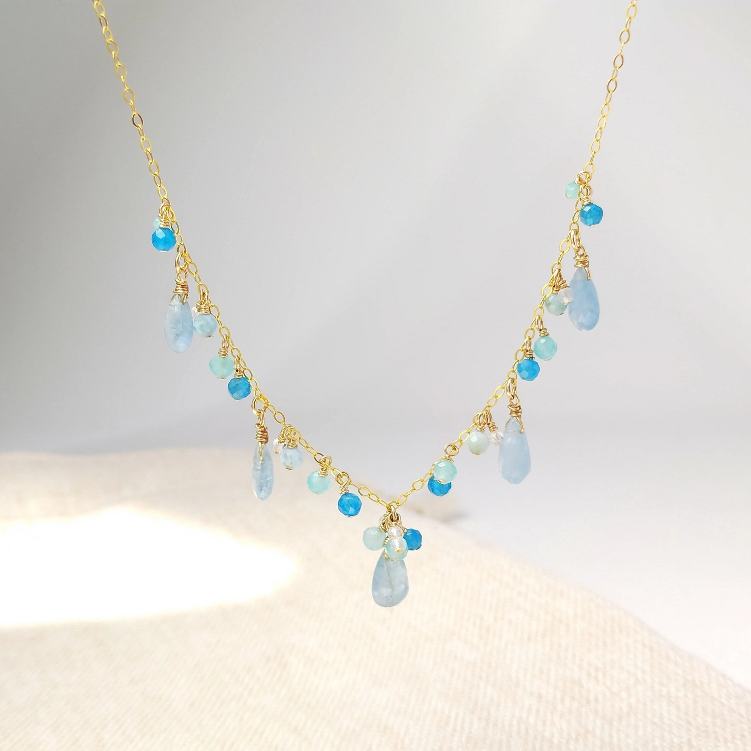 Lii Ji Multi Gemstone 14K Gold Filled Chain Necklace Natural Aquamarine Apatite Amazonite Clear Quartz Handmade Necklace