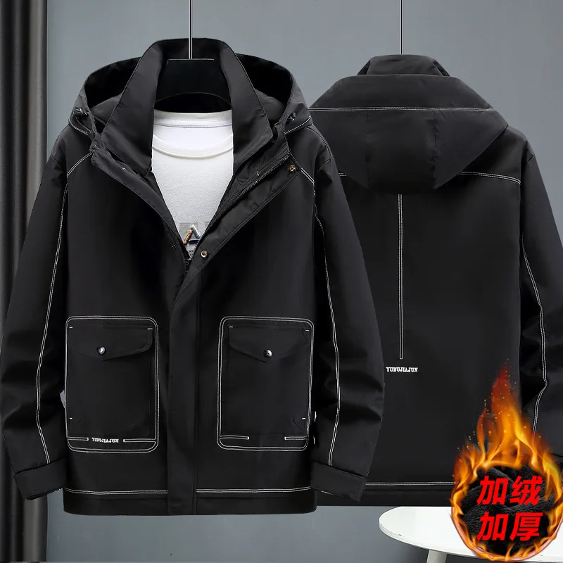 Winter New Plus Size Casual Men's Jacket 10XL160KG  Fashion Plush Thickened Solid Pocket Work Jacket Embroidery Coat