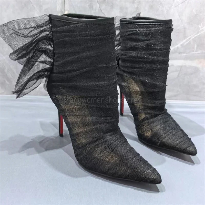 

Pointy Thin High Heels Ankle Boots Women Black Mesh Fabric Decor Elegant Banquet Shoes Booties Handmade High Quality Short Boots