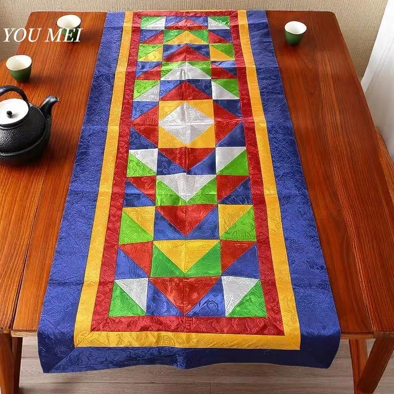 

Tibetan-Style Mat,Tri-Color Patchwork Auspicious Altar Cloth,Embroidered Offering Table Ritual Mat Colorful Buddhist Item