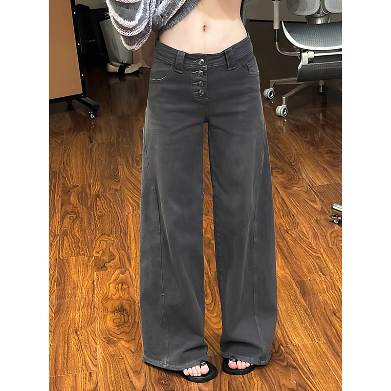 

Женские серые джинсы, винтажные прямые джинсы с высокой талией, свободные брюки 2024, Y2K, американская уличная одежда 90-х годов, широкие классические джинсовые брюки