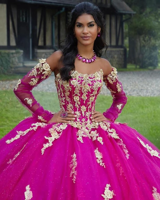 Vestidos de Quinceanera de princesa rosa fucsia con manga larga Apliques de encaje dorado corse 15 anos quinceaneras dulce 16 AliExpress