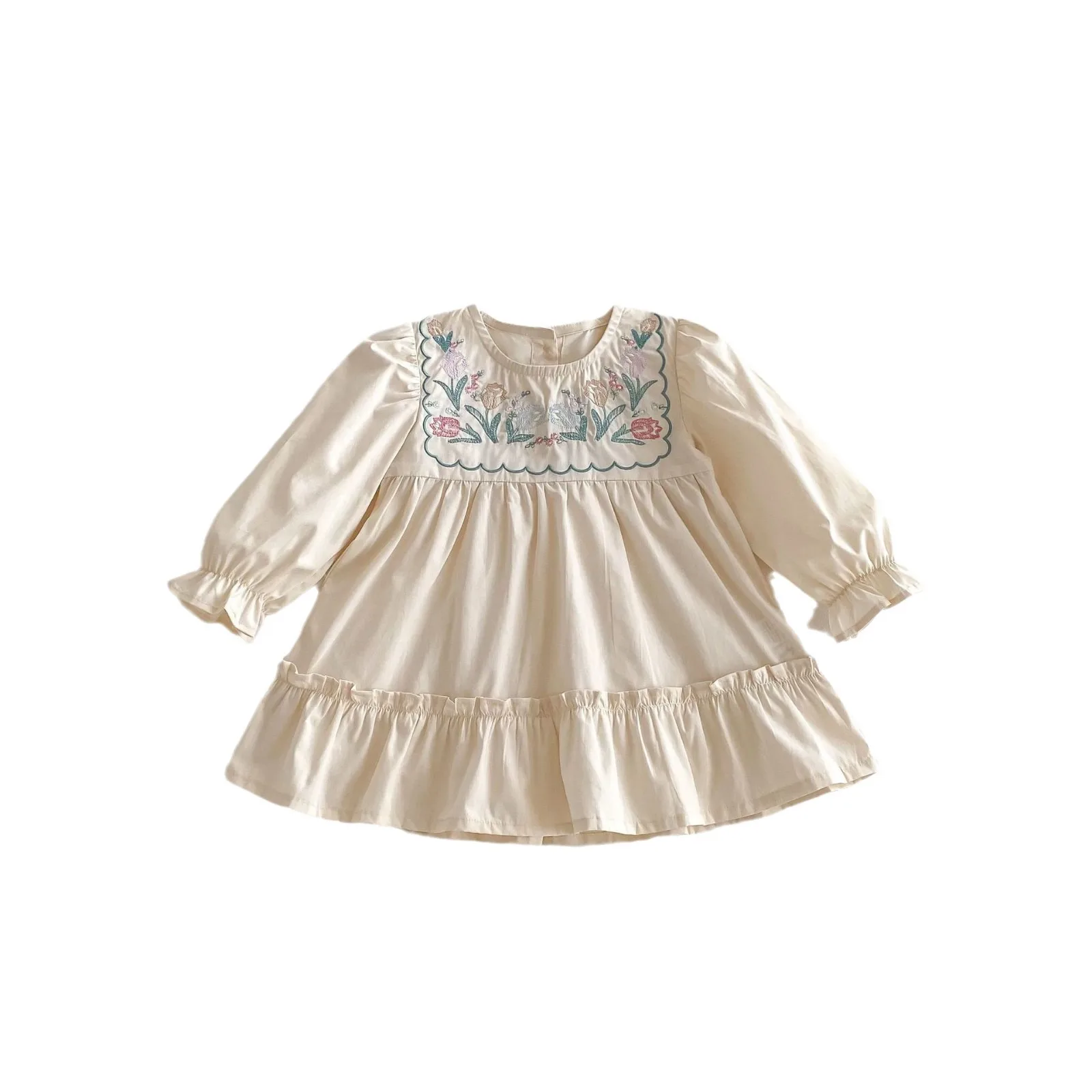 2025 Spring New Girls Long Sleeve Ruffled Dress Flower Embroidery Baby Girl Princess Dress Cotton Children Dress Kids Clothes