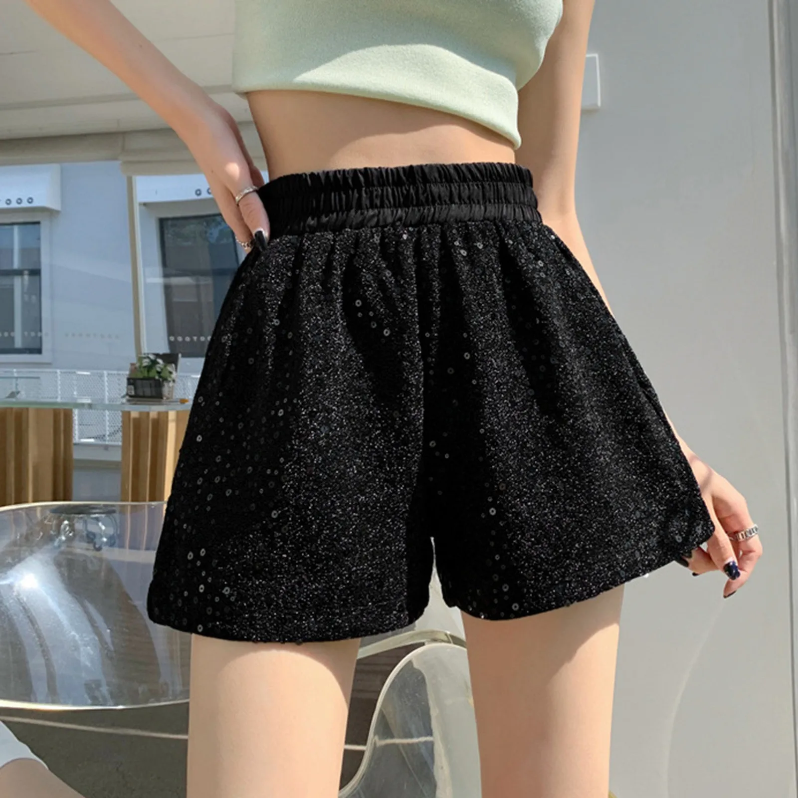 

Women‘s Summer Sequined Shorts Elastic High Waisted Casual Loose A Line Shorts Sparkly Clubwear Solid Sexy female Shorts