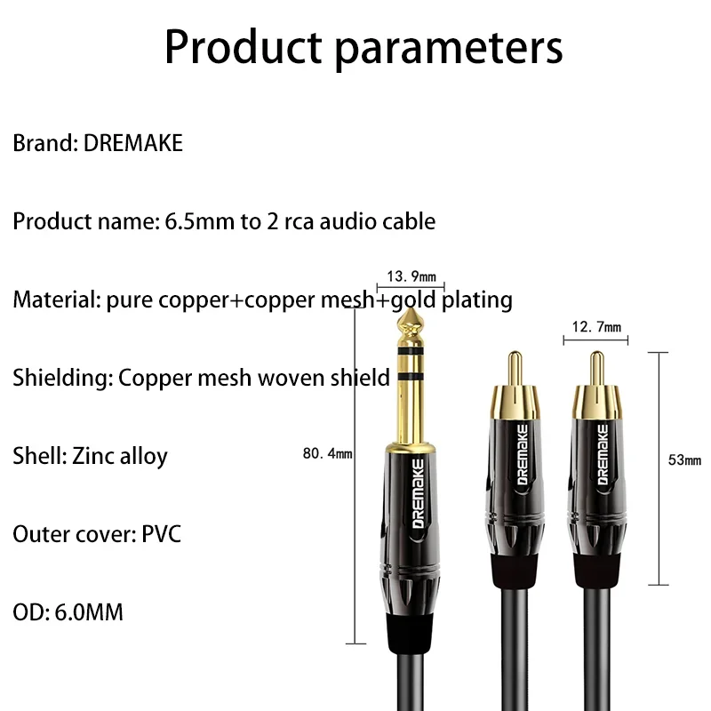 6.35mm To 2 RCA Audio Cable 6.5mm TRS To Dual RCA Cables for Amplifier Mixer Connect Electric Guitar Drum Audio Extension Cord