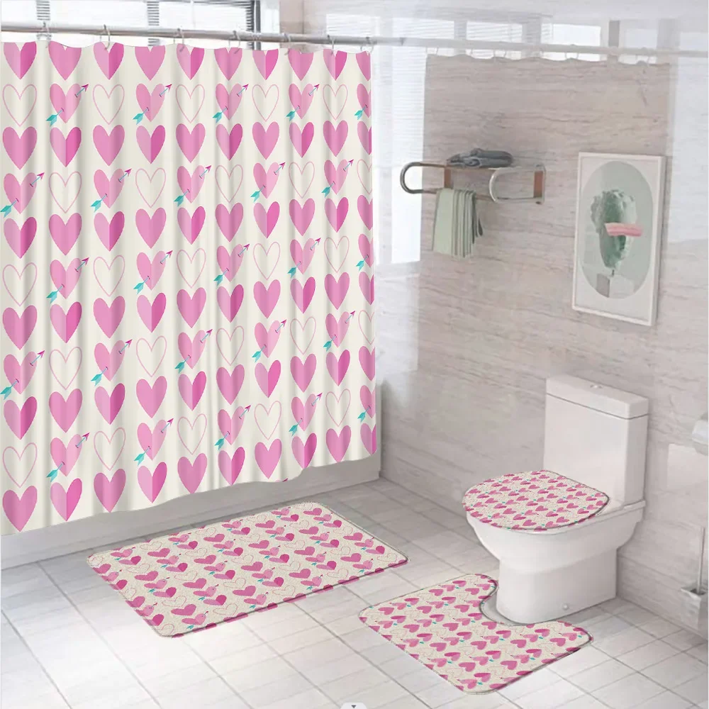 Valentines Day Shower Curtain Romantic Love Hearts Tree Bike Petals Bathroom Curtain Sets Non-Slip Rug Toilet Lid Cover Bath Mat