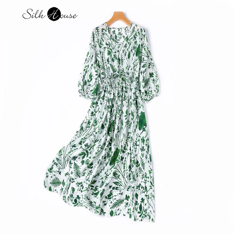 

2025 Women's Spring/Summer New Collection Forest 100% Natural Mulberry Silk 03 Crepe De Chine V-neck High Waist Drawstring Dress