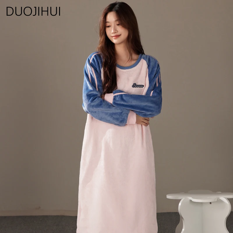 DUOJIHUI O-neck Loose Chicly Flannel Simple Striped Sleepwear Women Winter Warm Contrast Color Fashion Casual Female Nightgown