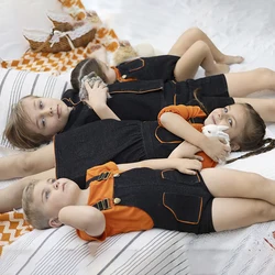 Ali Plus New SS25 Black denim with orange trim girls dress romper boys built up shirt and pants boy and girl ribbed orange top