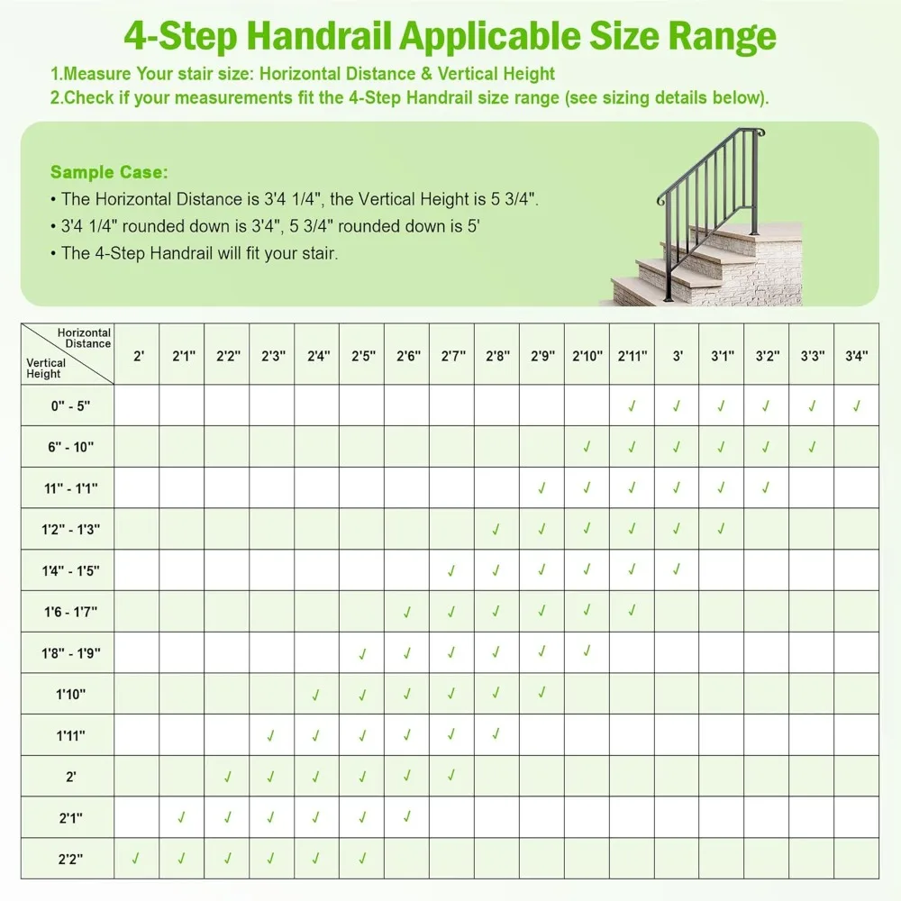 Outdoor Wrought Iron Stair Railing for 3-4 Steps, Metal Handrail with Installation Kit