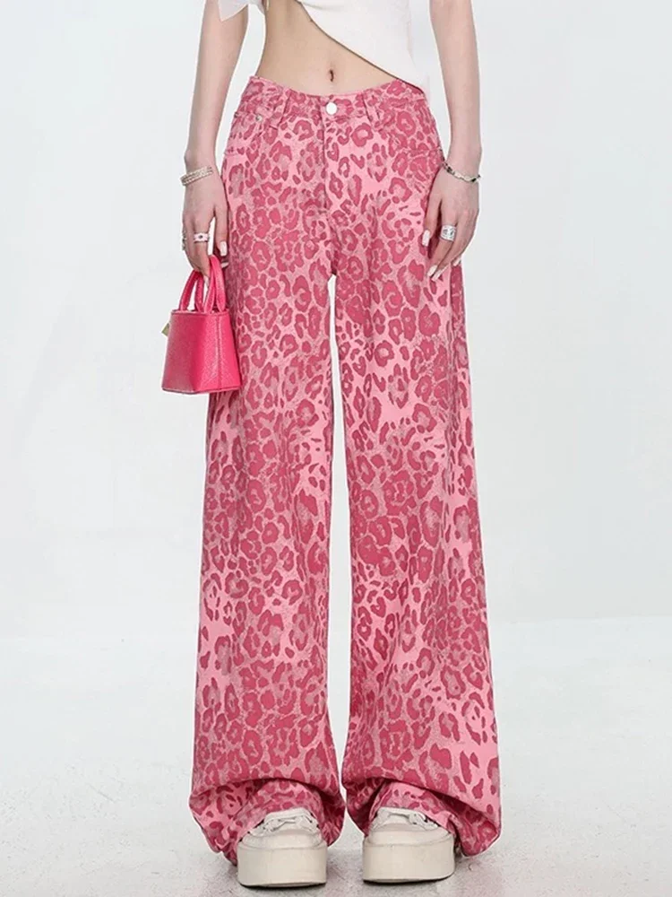Street Classic High Waist Casual Loose Female Wide Leg Pants Summer Thin Style Fashion Leopard Printed Full Length Women Jeans