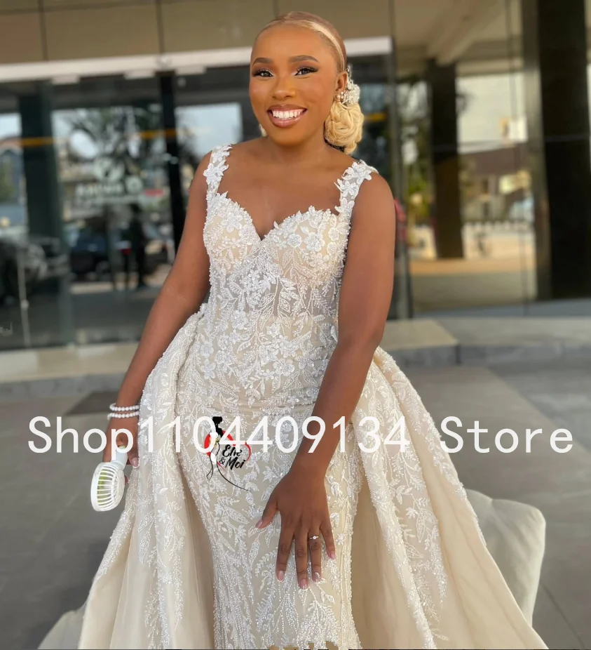 Champagne Mermaid African Wedding Dresses with Detachable Train Luxury Applique Embroidery Bridal Dress Garment Customsized