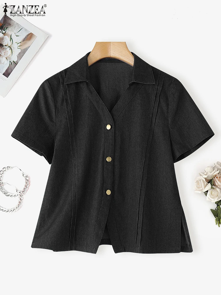 2023 sommer Elegante Kurzarm Shirts ZANZEA Frauen Solide Arbeit OL Bluse Casual Revers Neck Tunika Tops Mode Urlaub Blusas
