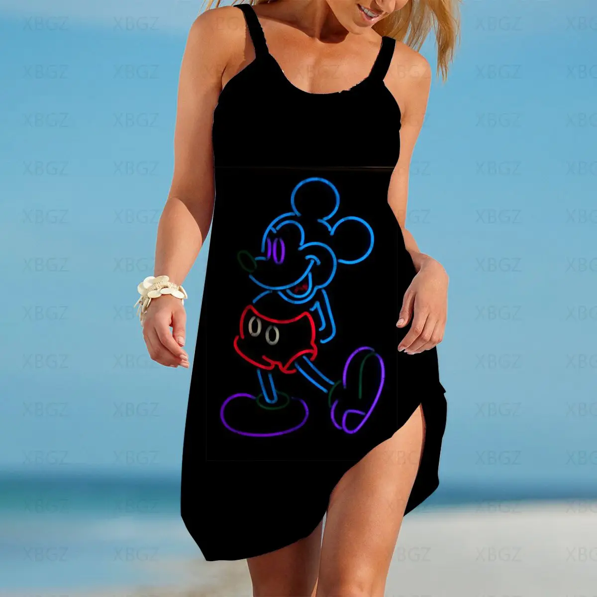 Mulheres Minnie Mouse Sexy Vestido de Verão, Deslizamento Disney Vestidos Soltos, Praia Sem Encosto, Sem Mangas Boho Fashion, 5XL, 2024