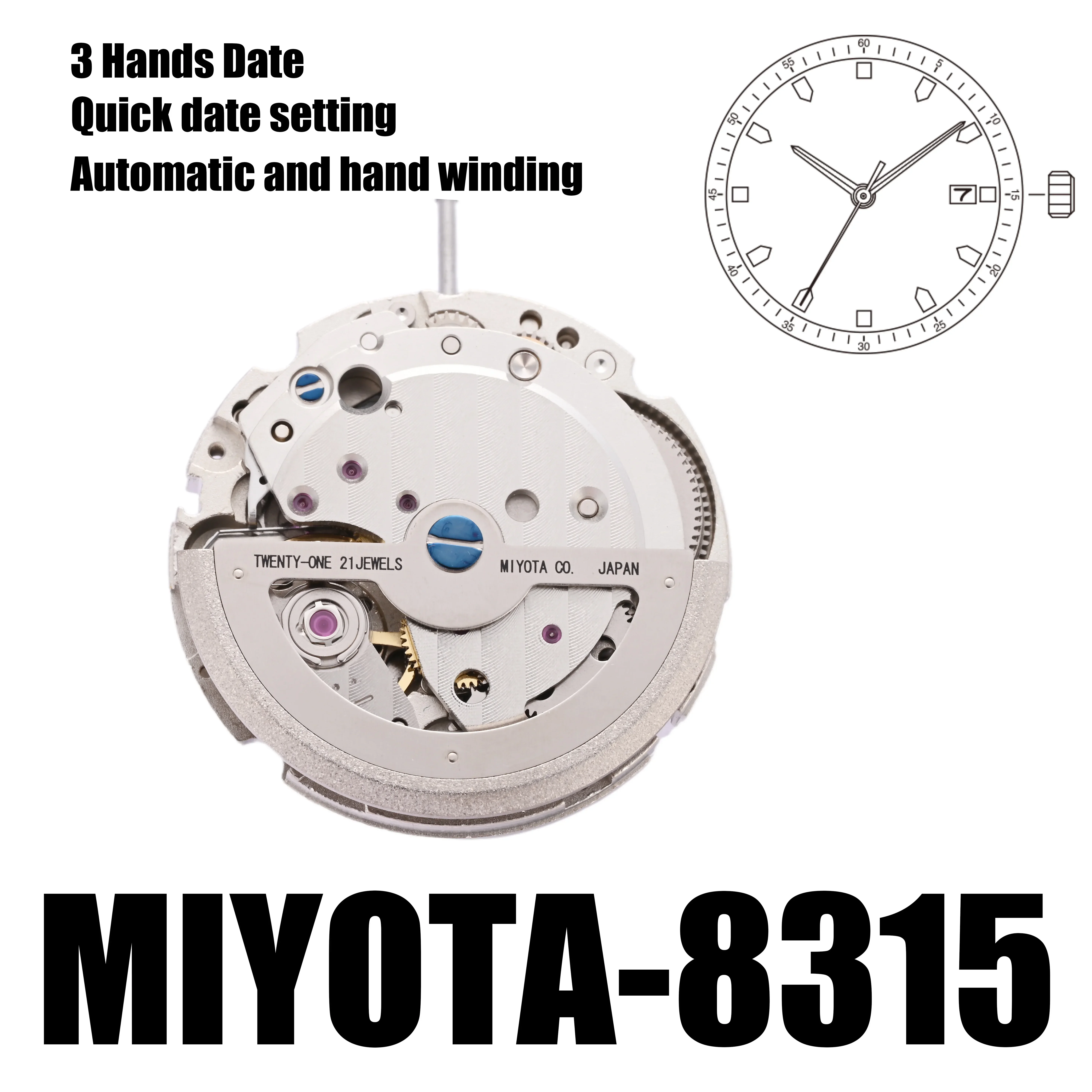 8315 Movement Miyota 8315 Movement Automatic Size: 11 1/2\'\'\'Automatic and hand winding Quick date setting Stop second device