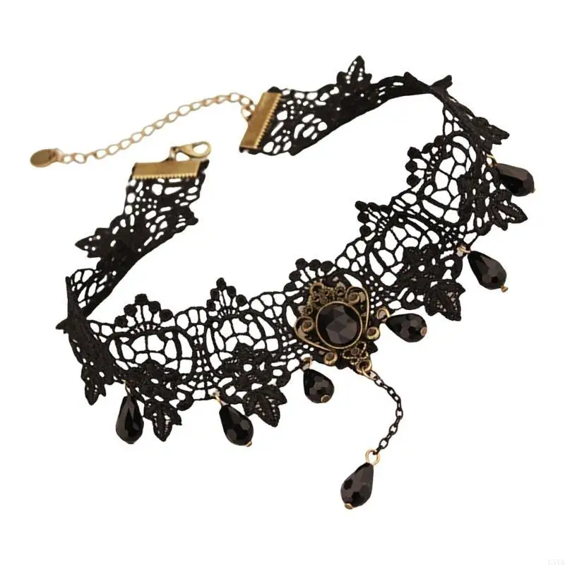 

L5YA Women Black Lace Choker Necklace Collarbone Neckband with Rhinestones Designs for a Dramatic and Elegant Lookings