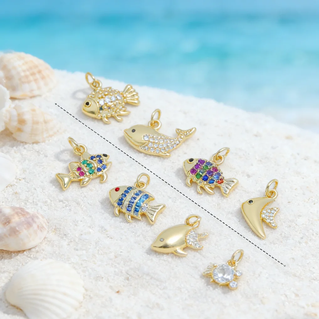 4Pcs Pendant Brass Plated Color Zircon Cute Ocean Animal Fish Whale Charms for Diy Jewelry Necklace Bracelet Making Accessories view 5