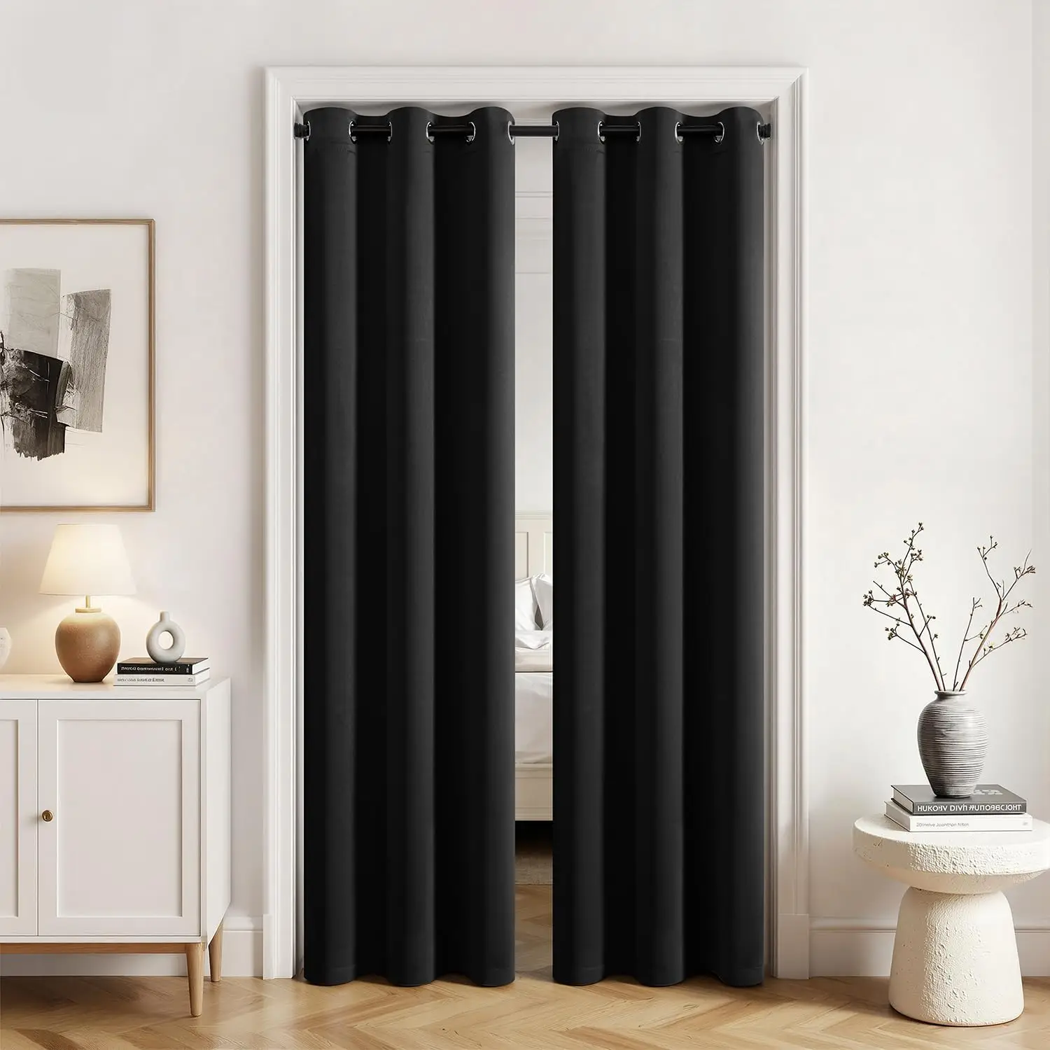 

Комплект из 2 затемняющих штор для дверей, 34 x 80 дюймов, черные, с термоизоляцией, разделители пространства, с люверсами для уединения