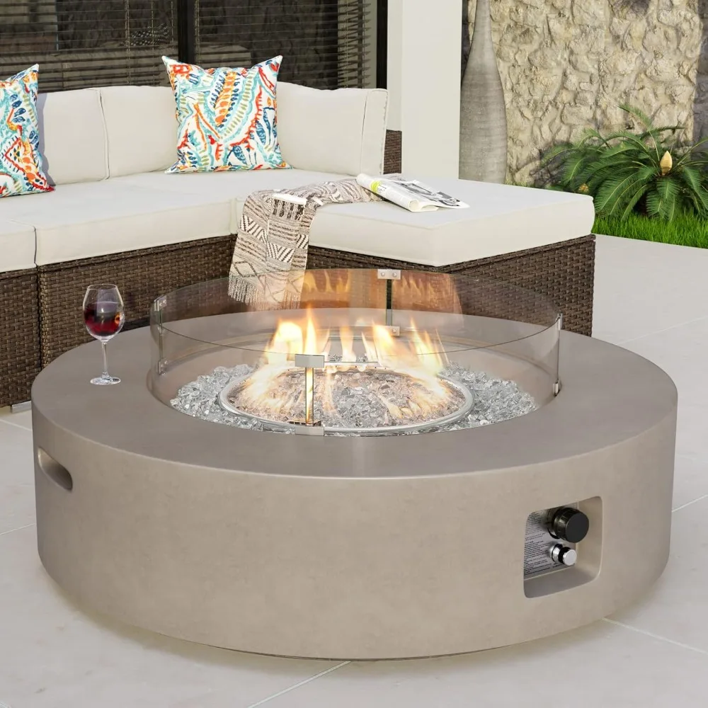 

Outdoor Propane Fire Pit Coffee Table w Gray 40.5-inch Round Base Patio Heater, 50,000 BTU Stainless Steel Burner, Wind Guard