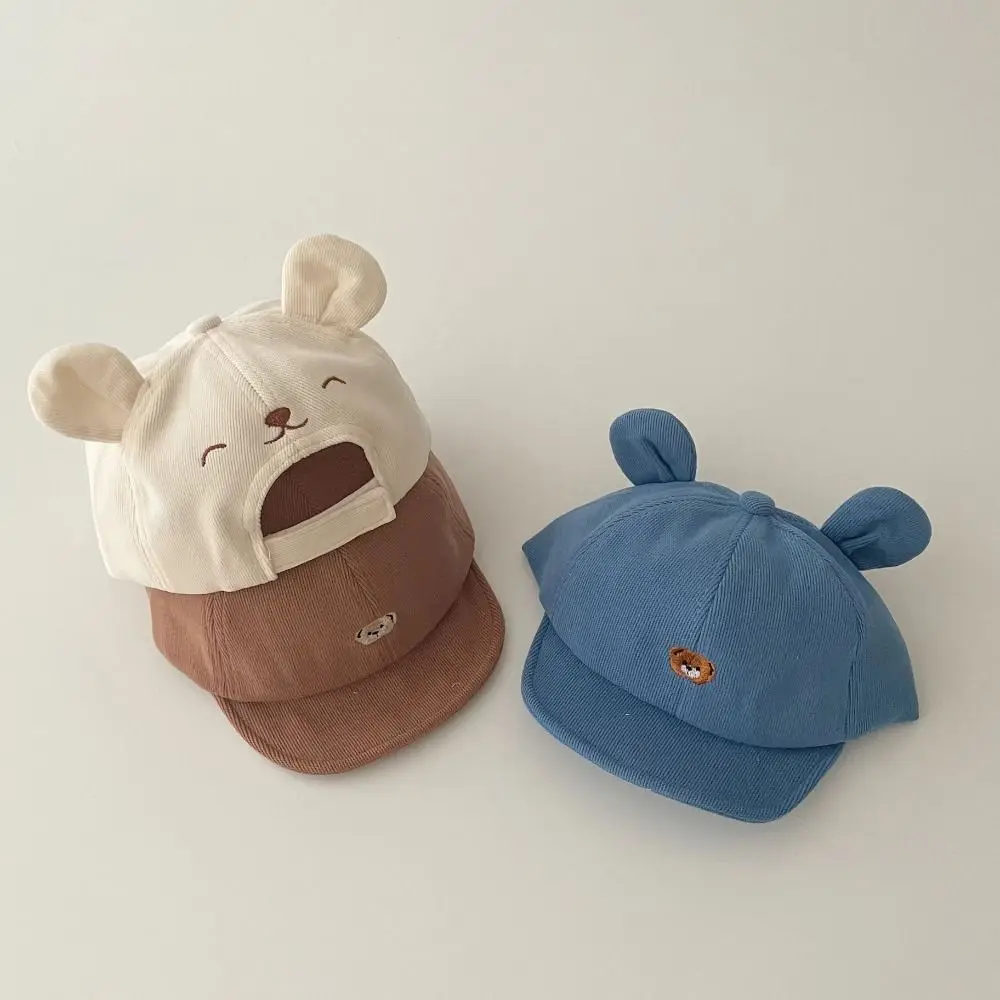 

Cute Adjustable Kids Fisherman's Hat Bear Ear Cartoon Infant Peaked Cap Solid Color Embroidered Baby Sunhat Winter