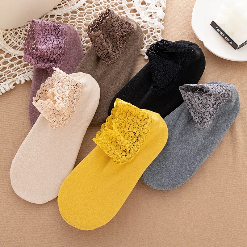 New Autumn Winter Thick Women Cute Lace Socks Floral Lady Girl Floor Sleeping Short Socks For Women Gift