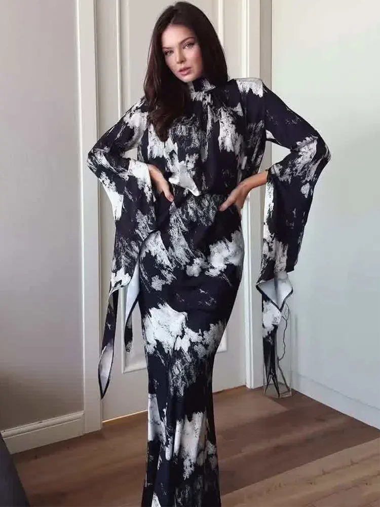 

GACVGA Satin Print Maxi Dresses for Women Fashion Streetwear Irregular Sleeve High Waist Lace-up Club Party Evening Long Dress