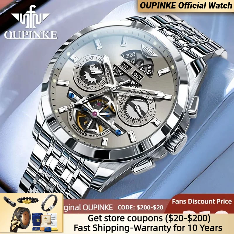 

OUPINKE Automatic Watch Skeleton Stainless steel Wristwatch Calendar Week Multifunctional Waterproof Sapphire Mirror Men's Watch