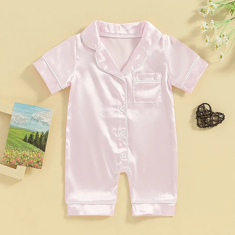 

VISgogo Baby Girls Summer Jumpsuit Pajama Short Sleeve Lapel Solid Color Button Up Sleepwear Kids Casual Loungewear