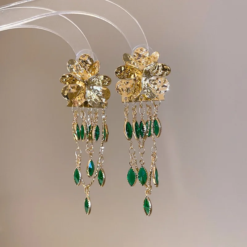 Minar Retro Ruffled Metallic Flower Petal Green Water Drop Glass Beads Strand Tassel Dangle Earrings for Women Real Gold Copper