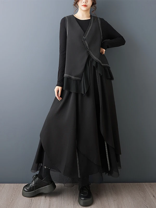

Summer 2026 Women's Fashion Set Vest Skirt Splicing Netting Label Removed Design Midi Skirt Button Closure V-Neck Anti-Wrinkle