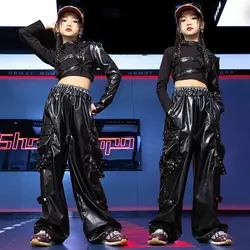 Jazz Dance Girls Clothes Kids Hip Hop Dance Costume Black Leather Crop Tops Hiphop Pants Catwalk Performance Clothing BL13600