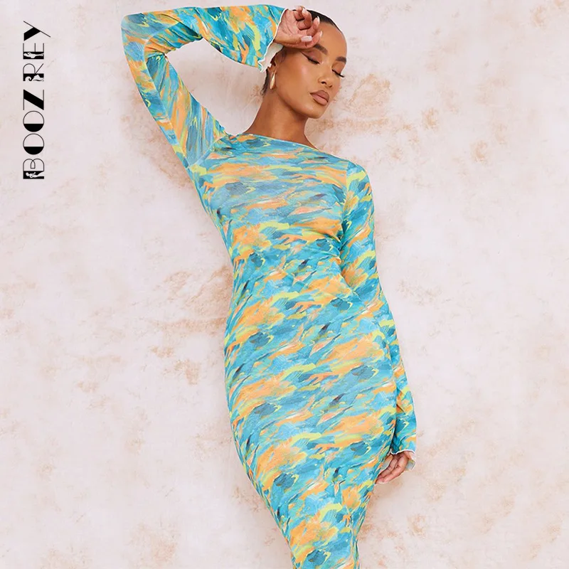 

BoozRey Y2k Sexy O Neck Long Sleeve Bodycon Maxi Dress Women Printed Slim Party Dresses Elegant Vintage Beach Outfits Streetwear