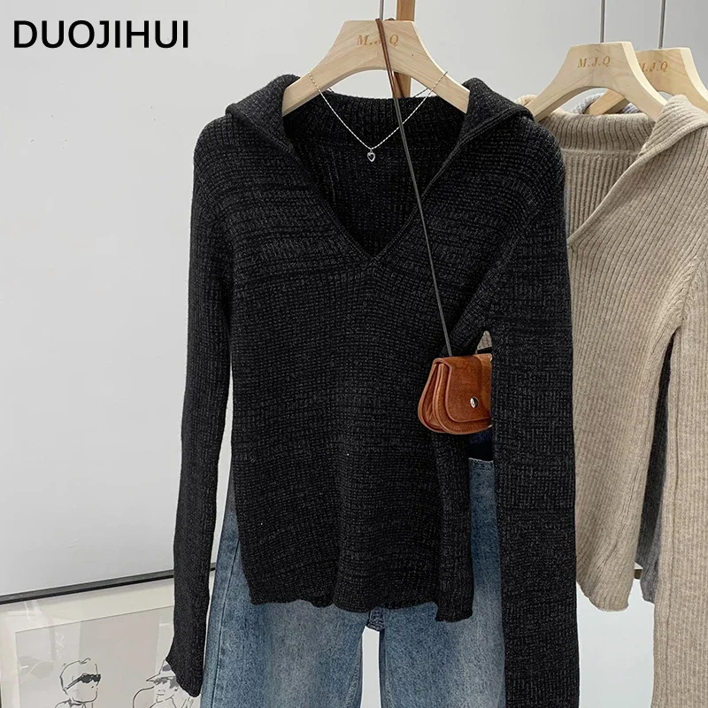 DUOJIHUI-Suéter feminino de tricô doce, pulôveres femininos finos, gola chilly para outono, manga comprida, moda casual simples, cáqui