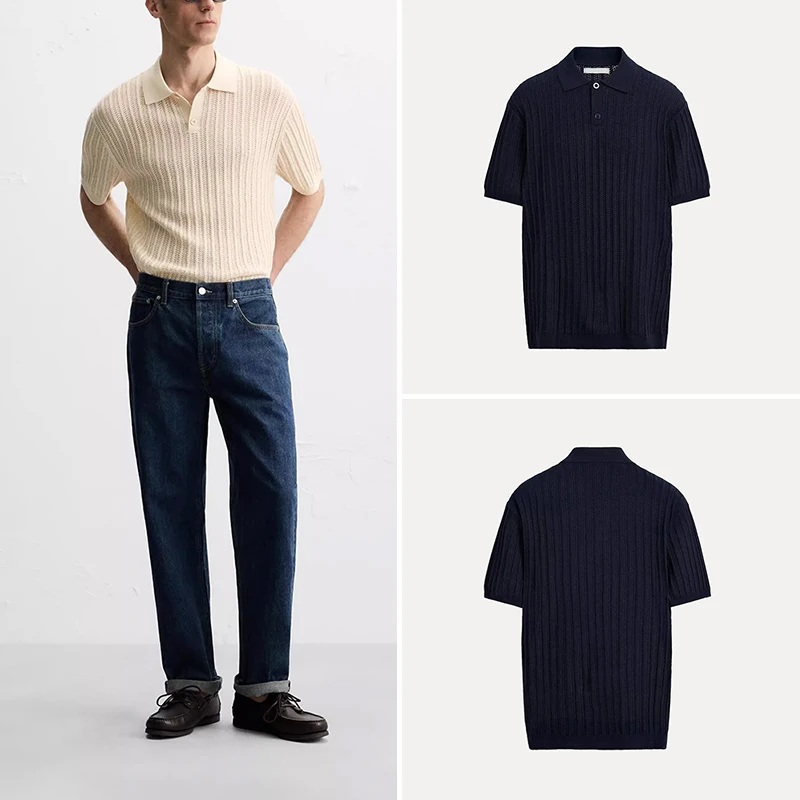 

Spring 2025 Men's Knitted Cotton Linen Blend Slim Straight irt Faionable Personali Thiened ort Sve Pure Color