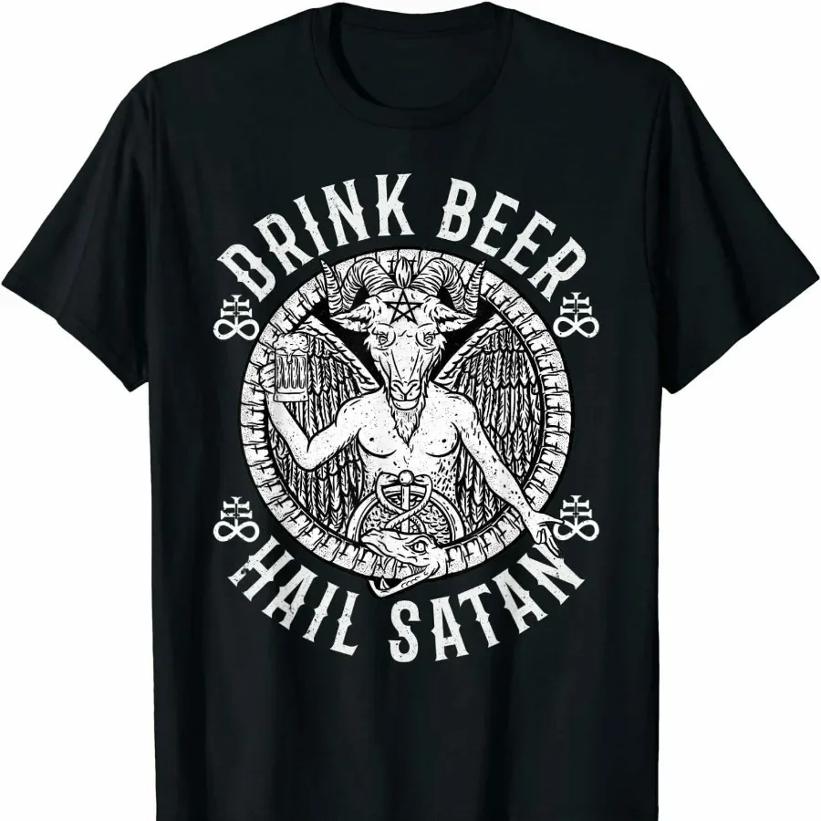 Drink Beer Hail Satan Funny Satanic Baphomet T-Shirt 100% Cotton O-Neck Short Sleeve Summer Casual Mens T-shirt Streetwear