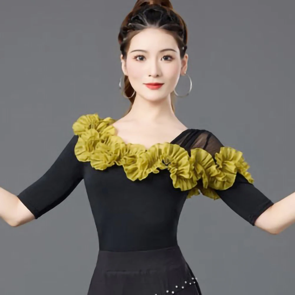 Czarna bluzka do tańca latynoamerykańskiego z asymetrycznym dekoltem, krótkim rękawem, nowa damska koszulka sambo z trójwymiarowym wzorem.