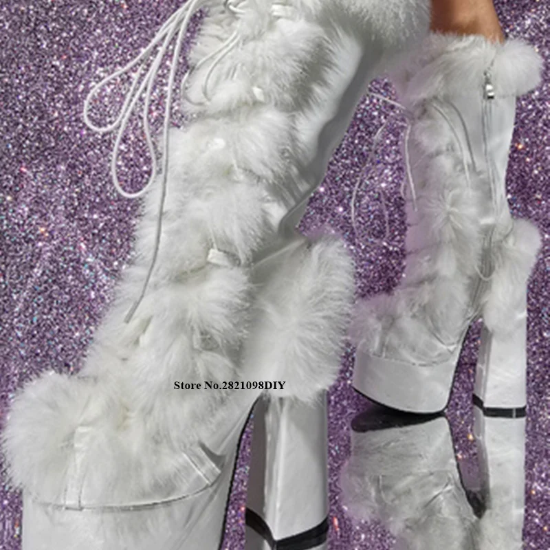 White Fur Fluffy Winter Thick Platform Heeled Boots Women High Heel Shoes Lace Up Chunky Heeled Snow Boot Warm Shoes