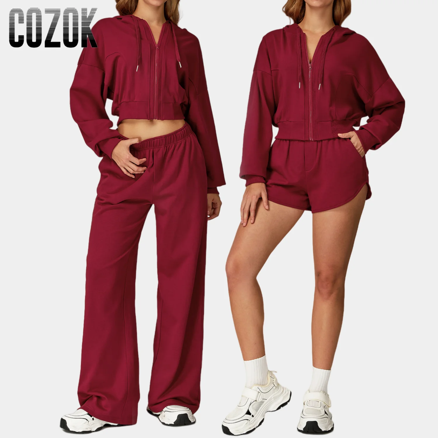 

Casual Sports Sweatshirt Set for Women Hooded Cardigan Casual Hoodie Loose Fit Gym Shorts Solid Color Running Fitness Set