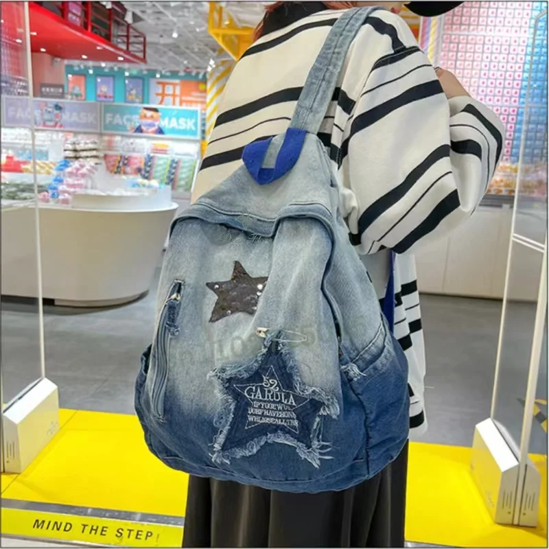 Y2K Korean Casual Denim Backpack Fashion Star Pattern Large Capacity Student Schoolbag Teenagers Punk Travel Vintage Book Bag