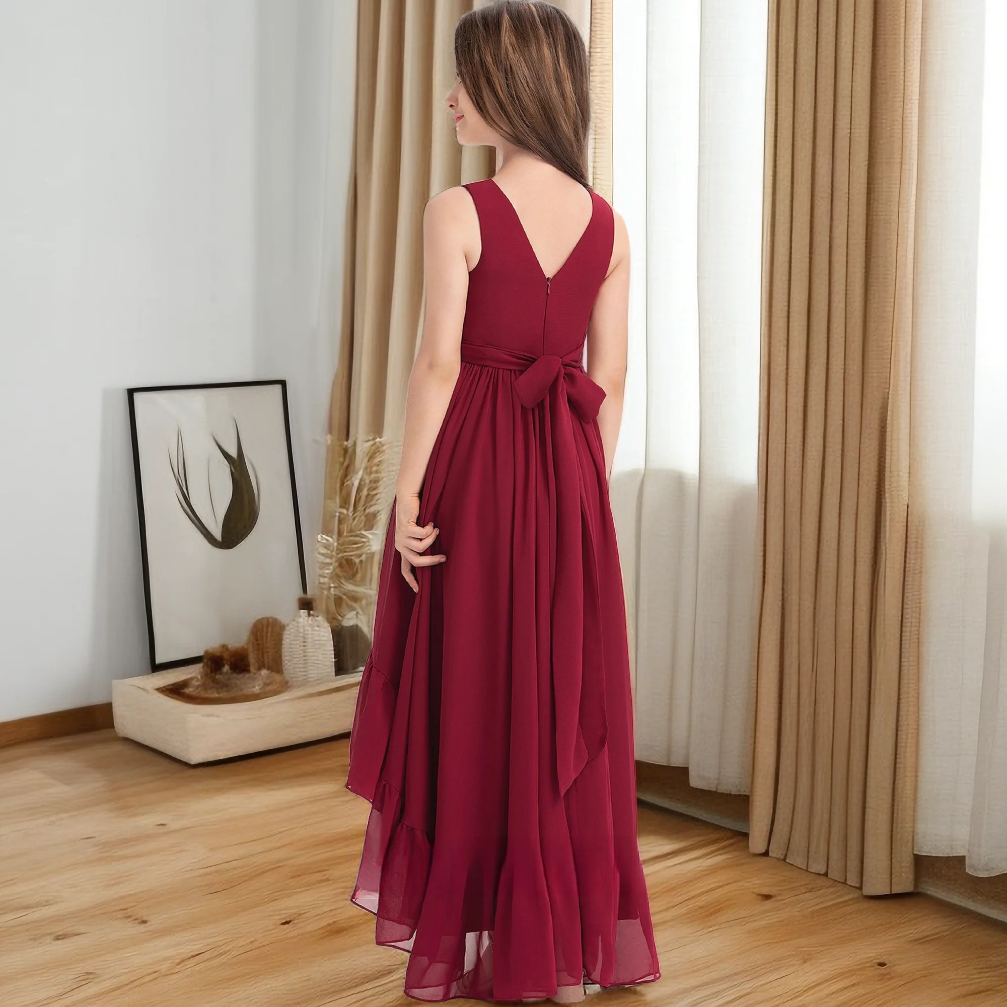 Assymetrical Chiffon Junior Bridesmaid Dress For Children Wedding Ceremony Pageant Show Celebration Graduation Banquet Ball-Gown
