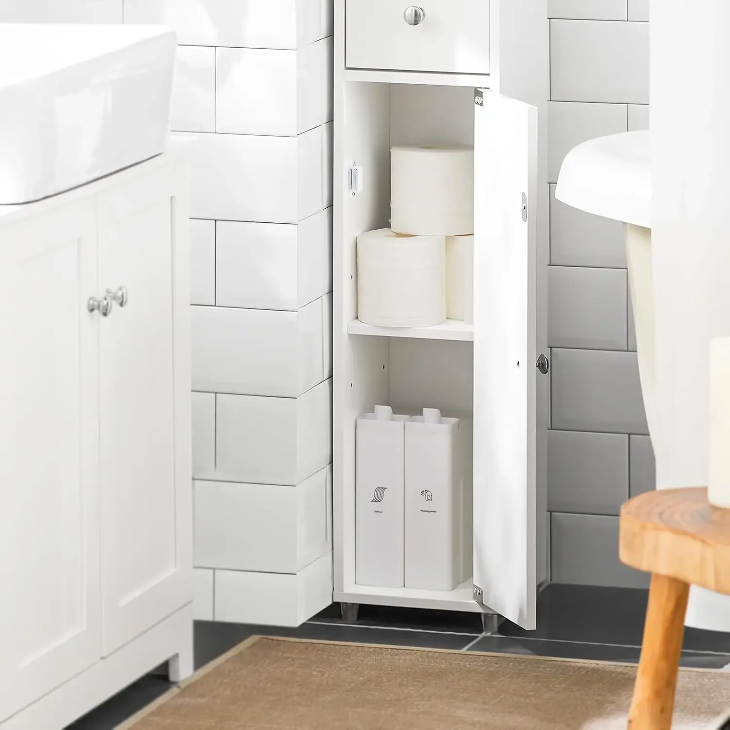 

Bathroom Tall Cabinet with 1 Drawer, 2 Doors and Adjustable Shelves, Anti-Tipping Floor Tall Cabinet Cupboard