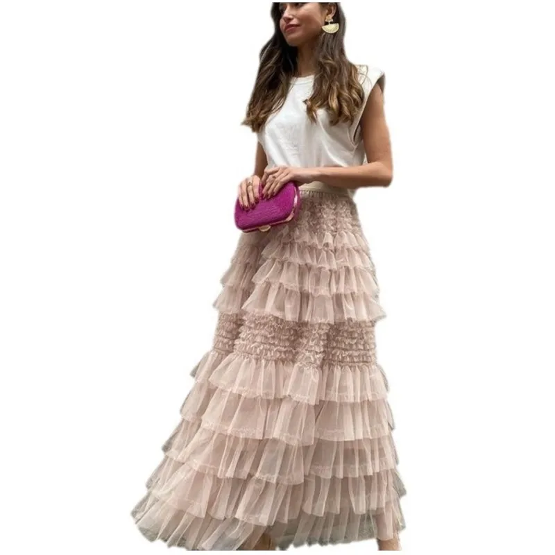 تنورة كعكة نسائية عصرية بنصف الجسم على طراز الشارع تنورة طويلة لصيف 2025 تنورة كعكة متأرجحة كبيرة شبكية جديدة