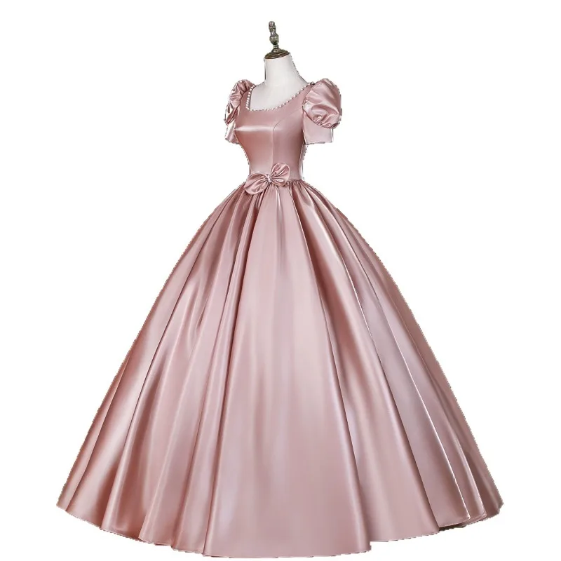 2026 Summer Women's New Vintage Satin Square-Neck Evening Gown Fashion Slimming Sexy Backless Long Bubble Sleeve Dress view 6