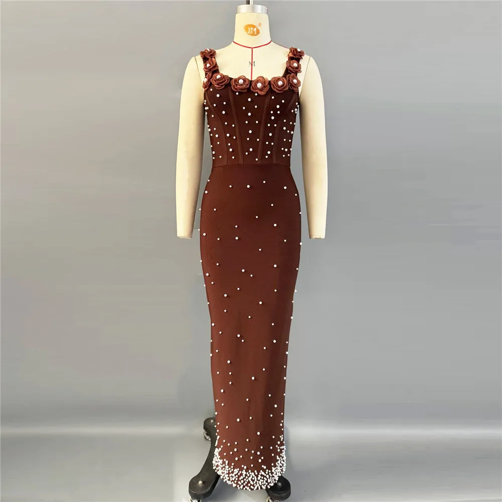 

Summer new sexy women's nail bead flower sleeveless square neck bandage dress, socialite slimming party African long dress