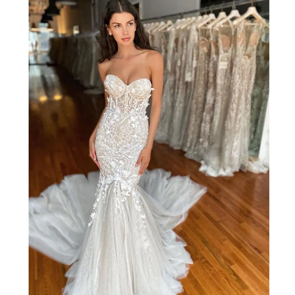 

Elegant Mermaid Wedding Dresses 2022 Sweetheart Lace Appliques Long Train Fish Tail Princess Sleeveless Bridal Gowns Custom Made