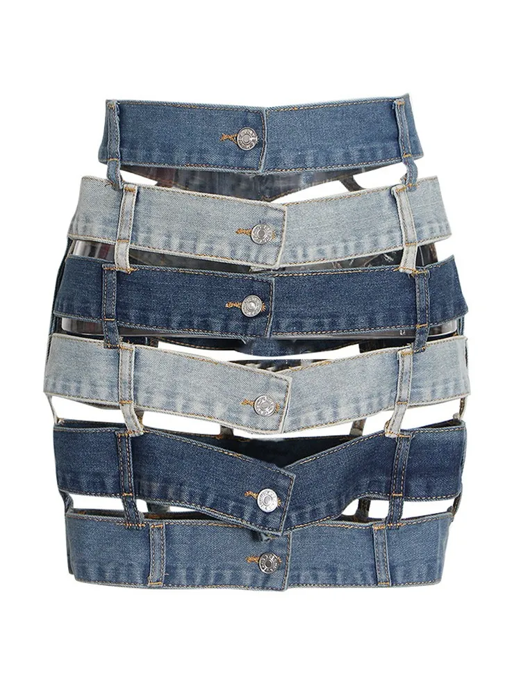 KBQ Denim Detachable Sexy Skirts For Women High Waist Hollow Out Irregular Hit Color Mini Skirt Female Summer Fashion Clothing
