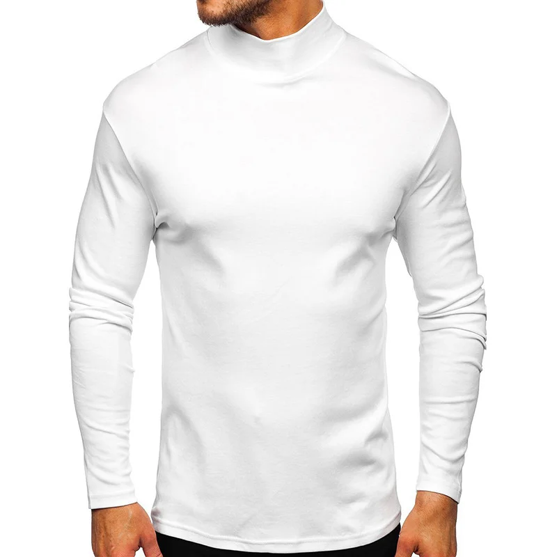 

US Size S-XXL Spring Autumn Long-sleeved T-shirt Men Solid Color Mock Neck Thin Fleece Bottoming Shirt Male T For