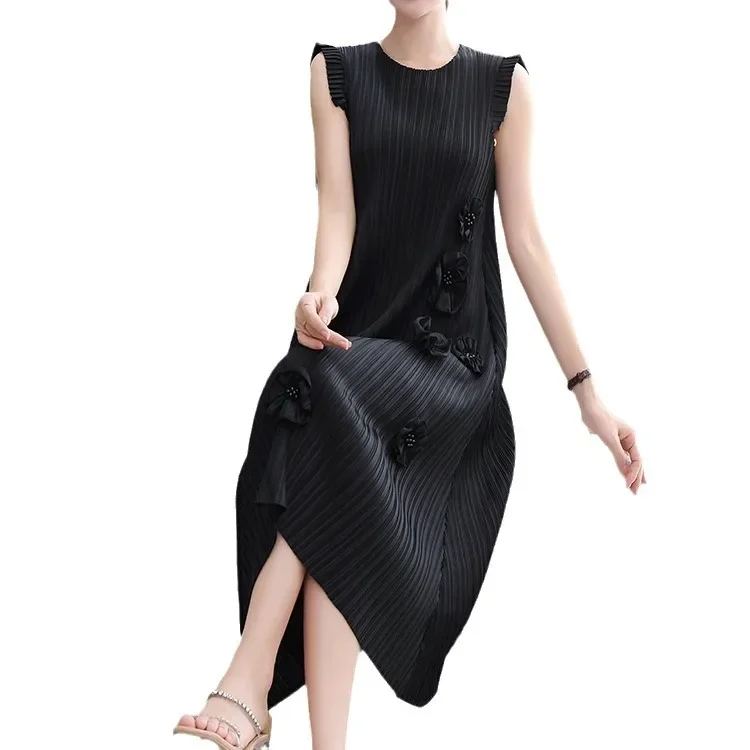 Miyake Pleated Sleeveless Dress for Women 2024 Summer French 3D Bespoke Sleeveless Round Neck Solid Color Mid-length Skirt