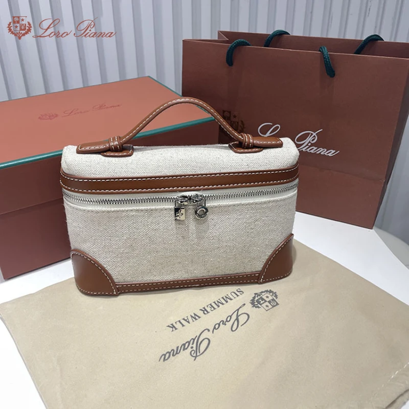 Loro Piana canvas lunch box bag new with leather fashion simple shoulder bag women's L19 cowhide handbag crossbody small bag